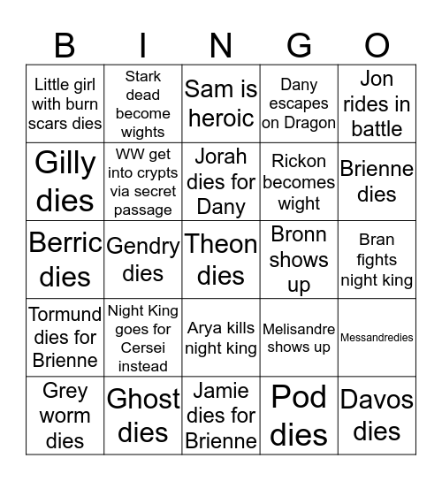 Battle for Winterfell Bingo Card