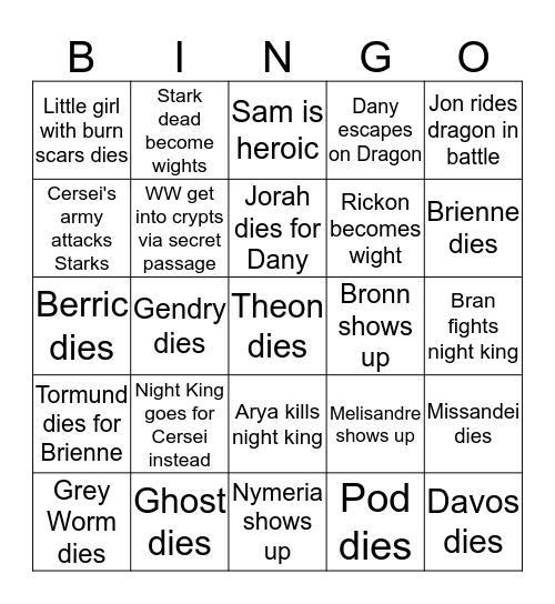 Battle for Winterfell Bingo Card