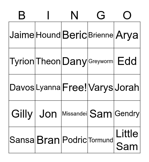 Battle of Winterfell Bingo Card