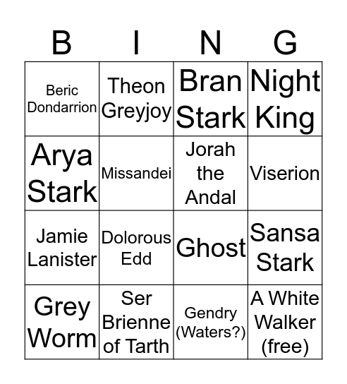 Battle at Winterfell Bingo Card