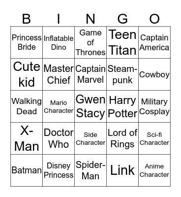 Cosplay Bingo Card