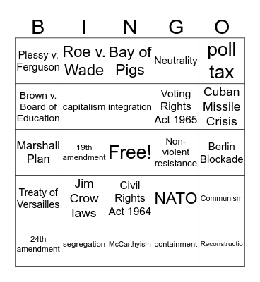 U.S. History Vocabulary Part 2 Bingo Card