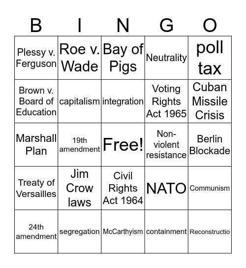 U.S. History Vocabulary Part 2 Bingo Card