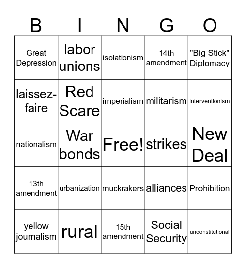 U.S. History Vocabulary Part 1 Bingo Card