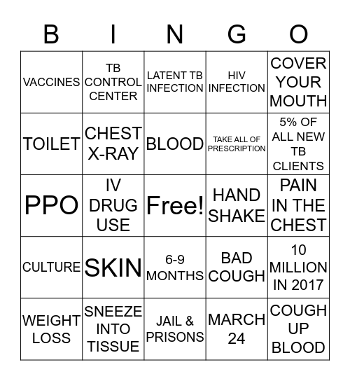 TUBERCULOSIS (TB) Bingo Card
