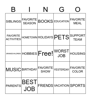 Reminiscence Bingo Card