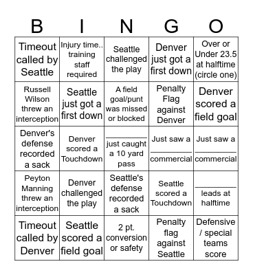 Super Bowl Bingo Card