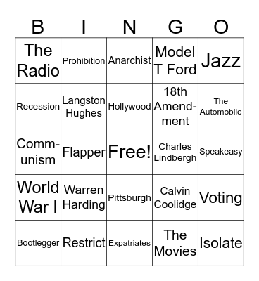 1920's Vocabulary Bingo Card