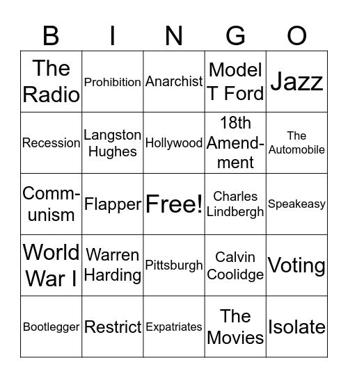 1920's Vocabulary Bingo Card