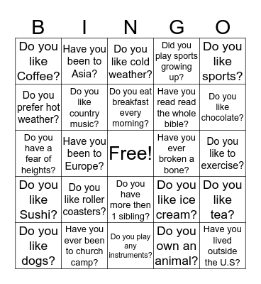 24 Questions  Bingo Card