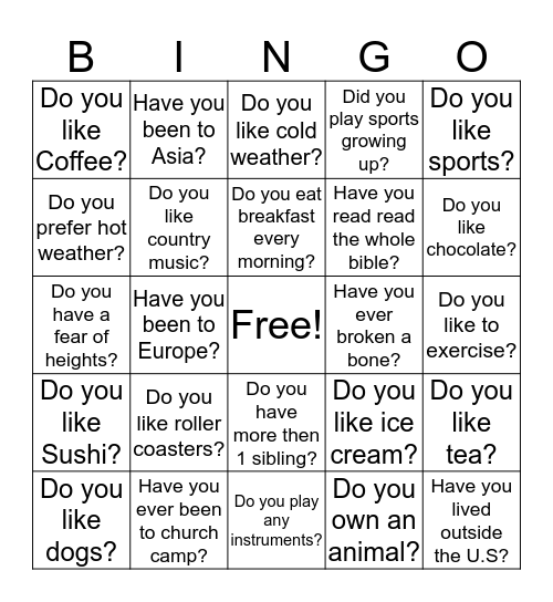 24 Questions  Bingo Card