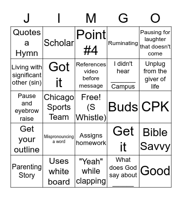 Pastor Jimgo Backup Bingo Card