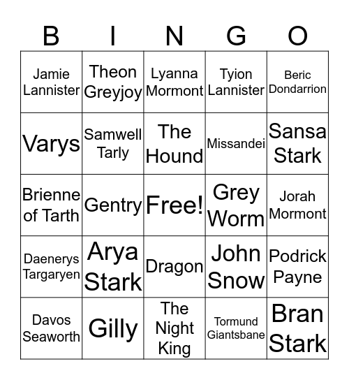 Battle of Winterfell Bingo Card