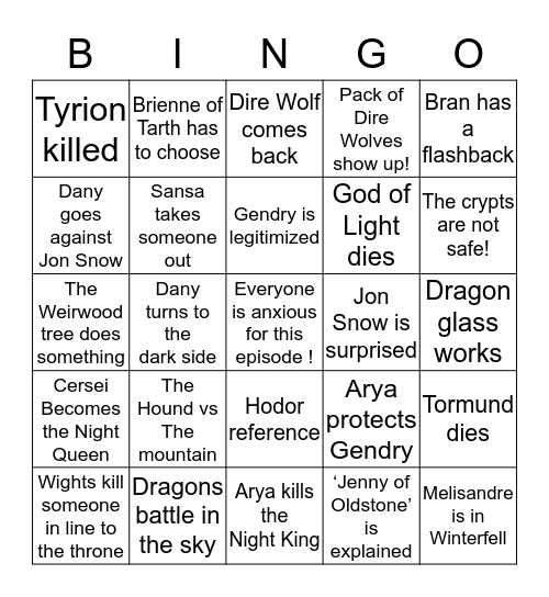 GOT SEASON 8 Ep 3  Bingo Card