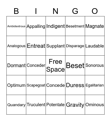 List 12 Vocab Bingo Card