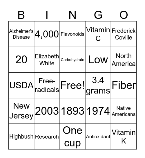 Blueberries and Brain Health Bingo Card