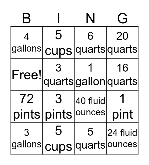 Converting Units of Liquid Volume Bingo Card