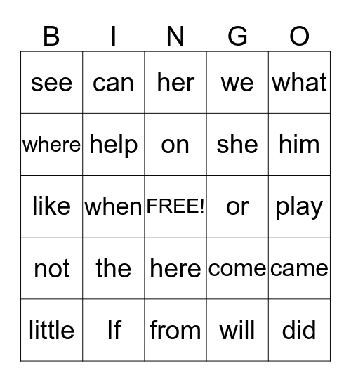 Sigt word Bingo Card