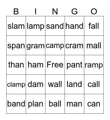 glued sounds /am/ /an/ /all/ Bingo Card