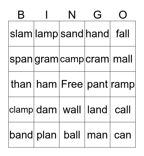 glued sounds /am/ /an/ /all/ Bingo Card