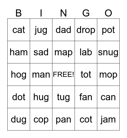 Word Family Bingo (a, o, ug) Bingo Card