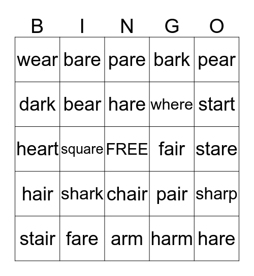 R Controlled Words Bingo Card