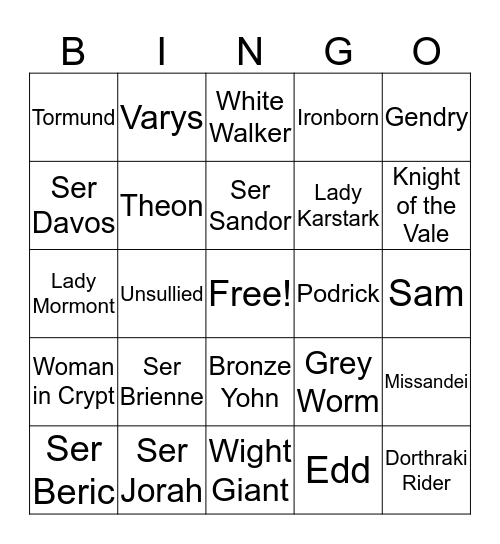 Battle of Winterfell Death Bingo Card