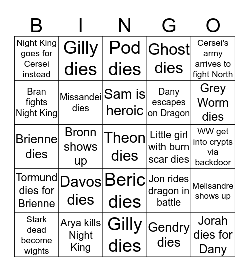 Battle for Winterfell bingo Card