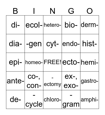 Word Parts, Number 2! Bingo Card