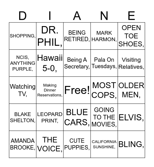 DI'S FAVORITE THINGS Bingo Card