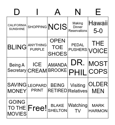 DI'S FAVORITE THINGS Bingo Card