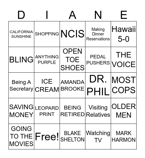 DI'S FAVORITE THINGS Bingo Card