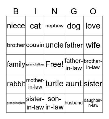 Family Members Bingo Card