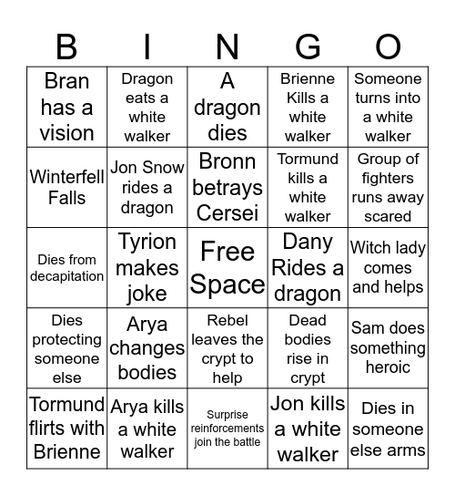 Game of Thrones Bingo Card