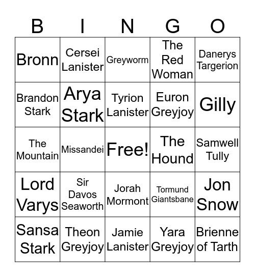 Game of Thrones Death Bingo Card