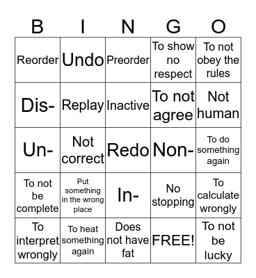 PREFIX BINGO!!! Bingo Card