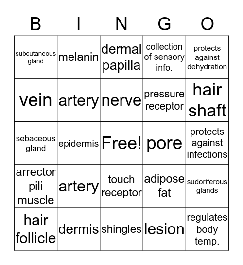 Integumentary system Bingo Card