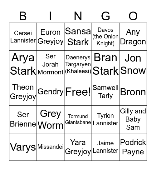 Game of Thrones Death Bingo Card
