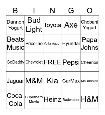 Super Bowl Commercial Bingo Card