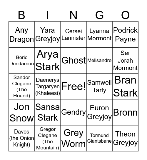 Game of Thrones Death Bingo Card