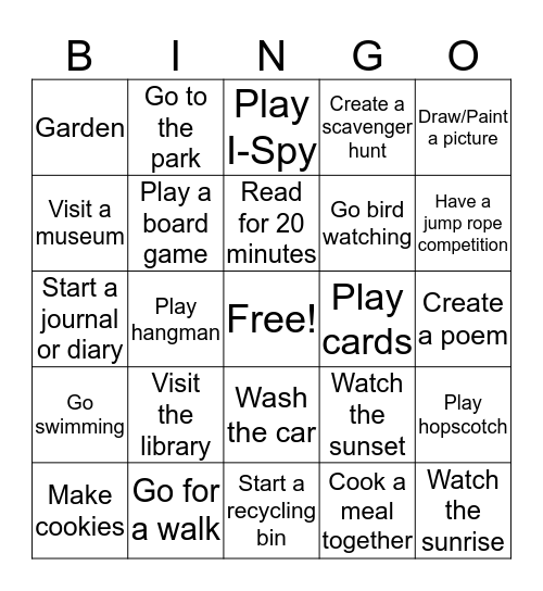 Screen Free Week Bingo Card