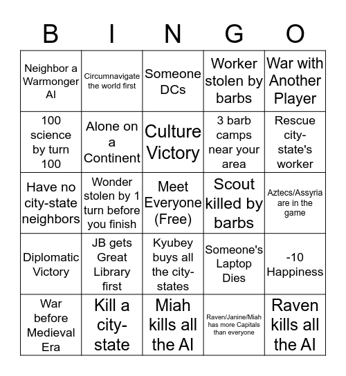 Civ 5 Bingo Card