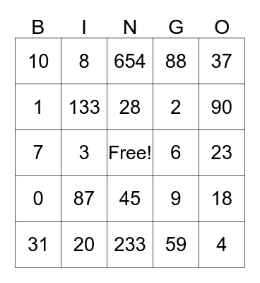Number Bingo Card
