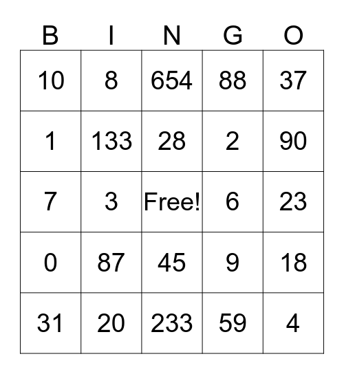 Number Bingo Card