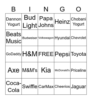 Super Bowl Commercial Bingo Card