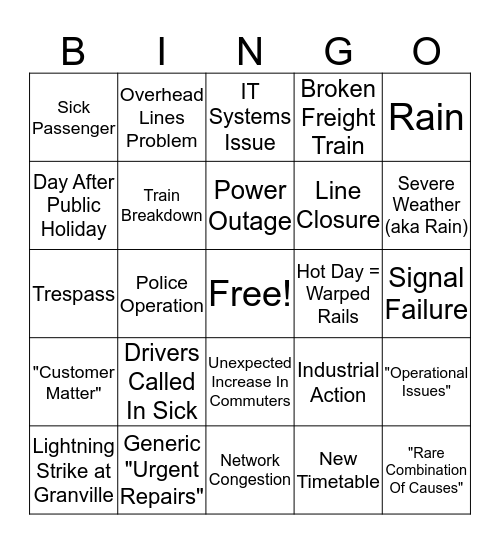 Sydney Trains Excuse Bingo Card