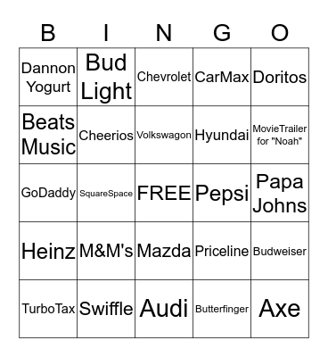 Super Bowl Commercial Bingo Card