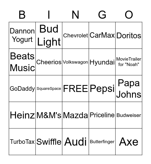 Super Bowl Commercial Bingo Card