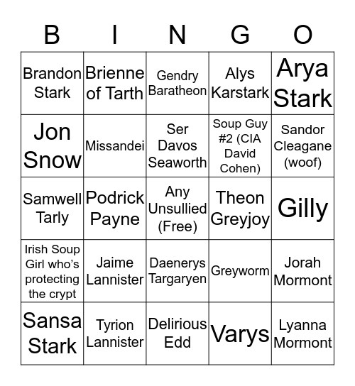 Battle of Winterfell, Valar Morghūlis Bingo Card