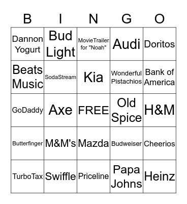 Super Bowl Commercial Bingo Card